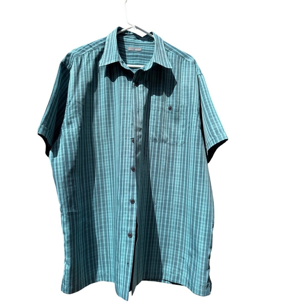 BRUNO. Short-Sleeve Striped Button-Up Shirt - Teal. Size XL. Breast pocket.